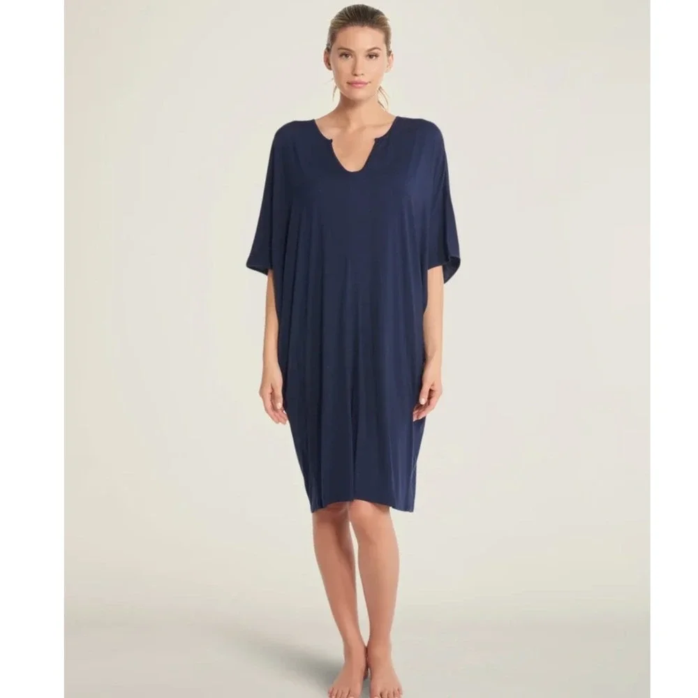 Barefoot Dreams Caftan Luxe Milk Jersey One Size Indigo Blue Short Gown
